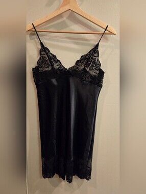 Farr West Black Satin Full Slip/Nightie with Lace